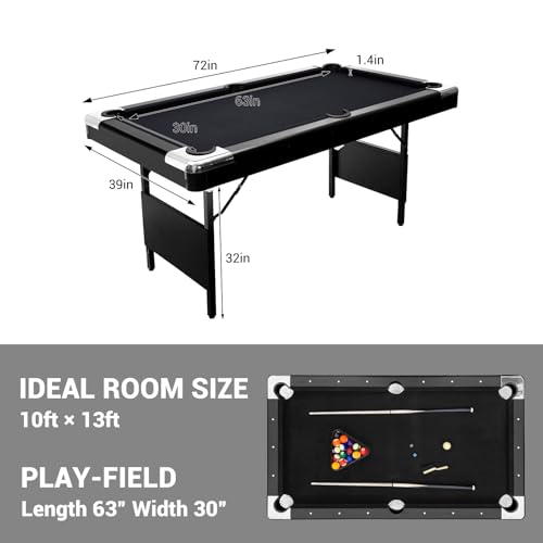6,7 Foot Foldable Pool Table, Portable Billiards Table with Full Accessories Set, No Assembly, Metal k-Shaped Legs, Includes 16 Balls, 2 Cue Sticks, Chalk, Rack & Brush, Game Room Table for Home, Apar - size: Black-6FT