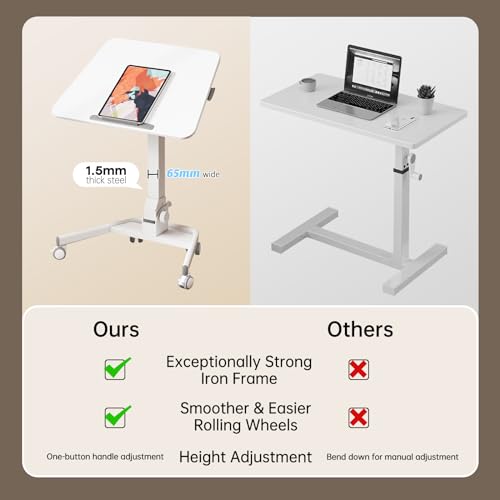 Foldable Mobile Standing Desk, 90 Tiltable Rolling Standing Desk, Height Adjustable Portable Laptop Workstation for Home Office, Easy to Fold, White - color: White