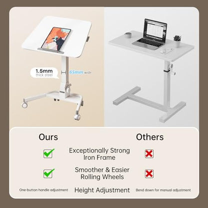 Foldable Mobile Standing Desk, 90 Tiltable Rolling Standing Desk, Height Adjustable Portable Laptop Workstation for Home Office, Easy to Fold, White - color: White