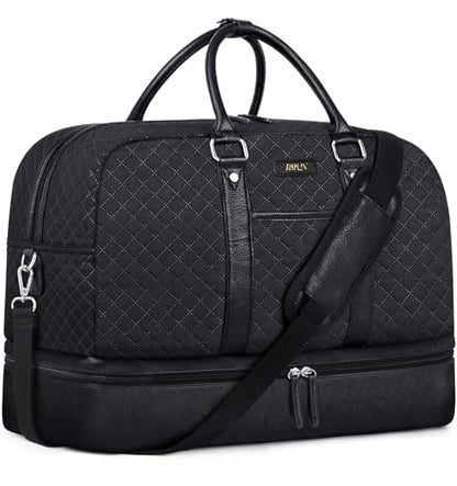 Weekender Bag for Women, Large Overnight Bag Canvas Travel Duffel Bag Carry On Tote with Shoe Compartment 21" 3Pcs Set - color: B03-(single)-black+black