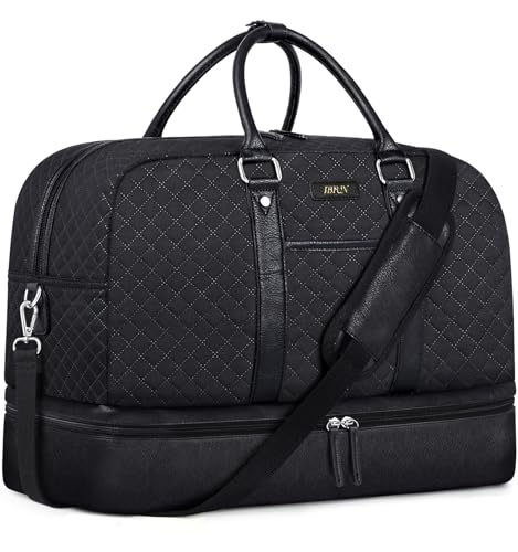 Weekender Bag for Women, Large Overnight Bag Canvas Travel Duffel Bag Carry On Tote with Shoe Compartment 21" 3Pcs Set - color: B03-(single)-black+black