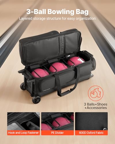 VEVOR Bowling Ball Bag, 3 Ball Double Roller Bowling Bag with Wheels, Featuring a Separate Compartment for Shoes (Up To US Size 16) & Oversized Accessory Pocket, Retractable Handle Extends to 41.34 in - style: Black