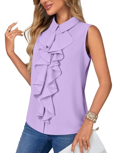Vrtige Women's Summer Tank Top Button Down Ruffle Front Collar Neck Sleeveless Blouse Shirt Top - color: Light Purple, size: Small