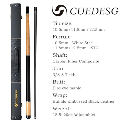 Carbon Fiber Pool Cue Stick 10.5mm/11.8mm/12.5mm,Low Deflection Pool Stick with Rare Wood Butt,Professional Cue Stick with Box Case - color: Bird Eye_Natural Colour_10.5mm
