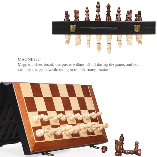 BIVOMON Chess Magnetic Wooden Chess Set 15" Unique Chess Board Game with Chess Pieces Storage Slots, Tournament Portable Folding Travel Chess Sets for Kids Adults Beginner and Pros, 2 Extra Queens