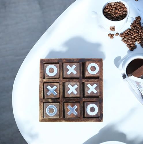 Wooden Tic Tac Toe Game | Board Game for Kids and Family | Table Top Living Room Decor Fun Game | Indoor Outdoor Adults Classic Travel Game (Burnt Wood)