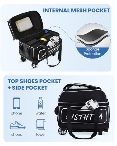 2 Ball Bowling Bag with Wheels, Bowling Bags 2 Ball Roller - 1680D Reinforced Oxford, Bowling Ball Bag with Separate Shoe Compartment & Retractable Handle Extends to 40'' - color: Black and White