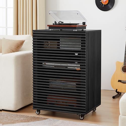 LEVNARY 5-Tier AV Media Cabinet with Grille Door, Modern Wooden Stereo Rack with Adjustable Shelves & Wheels, Audio Video Cabinet for Living Gaming Room Recording Studio (Black) - color: Black