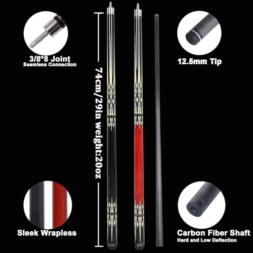 CUEELF Carbon Fiber Pool Cue 2 Pieces Cue Stick with 12.5mm Tip Professional Low Deflection Billiard Pool Sticks with 3/8 * 8 Pin Joint - color: Yellow+Red