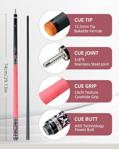 KONLLEN Carbon Fiber Pool Cue Stick 58-inch Professional Pool Sticks for Adults Full Carbon Technology Low Deflection Pool Cue Billiard Cues with 12.5mm Tip (Easy to Control, Pro Taper, Ultra-Smooth) - color: 012 pink