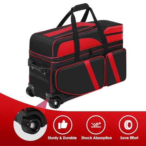 3 Ball Bowling Bags With Wheels,Bowling Bags 3 Ball Roller With Shoes Compartment And Multiple Pockets,3 Ball Bowling Bag has Retractable Handle Extends to 41.5 in - color: red