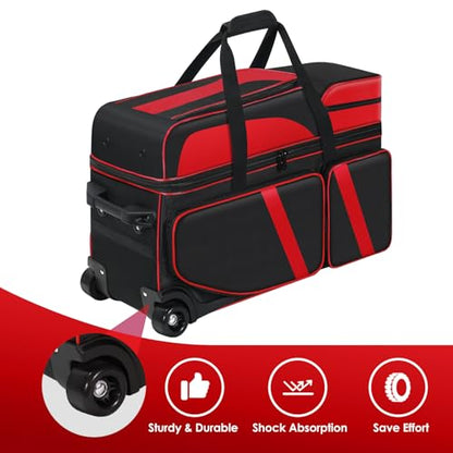 3 Ball Bowling Bags With Wheels,Bowling Bags 3 Ball Roller With Shoes Compartment And Multiple Pockets,3 Ball Bowling Bag has Retractable Handle Extends to 41.5 in - color: red