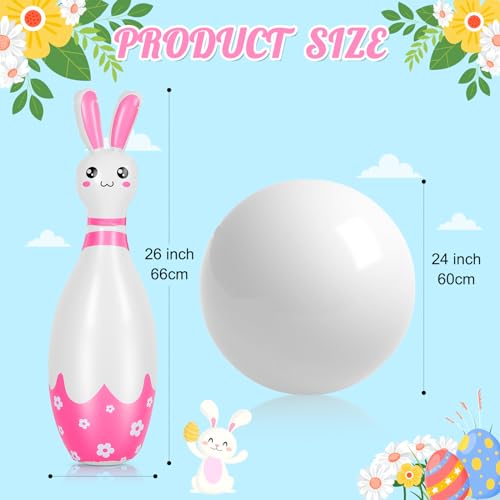 Foilswirl 12 Pcs Kids Easter Bunny Bowling Set with 10 Bunny Bowling Pins and 2 Balls Inflatable Easter Bunny Games and Toys for Girls Boys Indoor Outdoor Party Event Family Holiday Activity