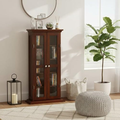 Furnifact Media Storage Cabinet, Double Wood Trim Glass Doors, 4 Adjustable Shelves, Solid Wood, Walnut Finish