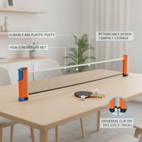 Retractable Table Tennis Net and Post Set, Clip-On Portable Ping Pong Net for Flat Surfaces, ABS Plastic - color: Orange