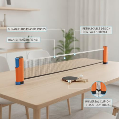 Retractable Table Tennis Net and Post Set, Clip-On Portable Ping Pong Net for Flat Surfaces, ABS Plastic - color: Orange