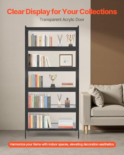 VEVOR Display Cabinet with Acrylic Doors, 68 in Tall 5-Tier Curio Cabinet, Natural Wooden Fame, Collectibles Toy Organizers Rack & Display Case, Bookshelf for Home, Office, Playroom, Living Room - size: 68in