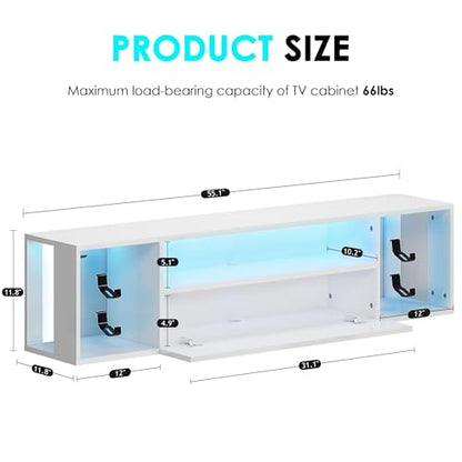 55" White TV Gaming Console with LED Lights 4 Controller Hooks 2 Headphone Hooks, Hidden Storage Cabinet, 30KG Top Load Capacity