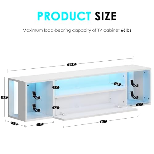 55" White TV Gaming Console with LED Lights 4 Controller Hooks 2 Headphone Hooks, Hidden Storage Cabinet, 30KG Top Load Capacity
