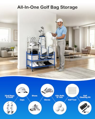 Golf Bag Storage Garage Organizer for 2 Bags, Golf Storage Rack with Wheels | 50% More Space Multi-Zone,All-In-One 5tier Compact,Extra Bottom Storage,4 360° Casters,Movable Basket,Small Garage,Heavy-Duty - size: 2 Golf Bag Rack丨36"(L)x15.8(W)"x44.6"(H)