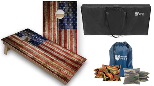 Tournament Grade Tailgating Pros American Flag Wooden Plank Design Cornhole Board Set w/Bean Bags and Carrying Case - 4'x2' Corn Hole Toss Game w/Built in Lights - color: Orange Camo / Green Camo