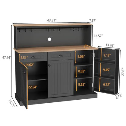 Gyfimoie Sideboard Buffet Cabinet with 2 Drawers, Farmhouse Kitchen Pantry with Adjustable Shelves, Coffee Bar Cupboard Cabinet with 3 Doors for Kitchen, Dining Room (Black) - color: Black
