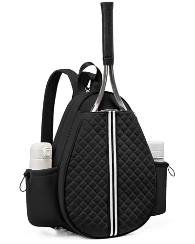 Sucipi Tennis Bag, Quilted Tennis Sling Crossbody Backpack, Water Resistant Tennis Racket Bags for Women Men, Suitable for Pickleball Tennis Badminton - color: Black, size: Medium