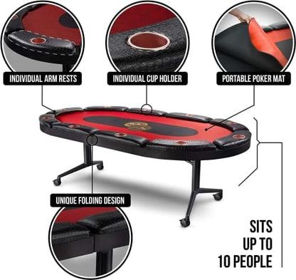 Triton Premium Foldable Poker Table with 10 Chairs - Soft-Padded Armrest, Individual Cup Holders, Portable Mat- Crafted with Durable Materials, Long-Lasting Poker Table for 10 Players - size: 10 Player with 10 Chairs