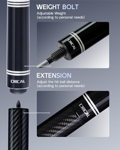 CRICAL RICAL Carbon Fiber Pool Cue 58” 19oz Billiard Cue Pro Taper Shaft Low Deflection Pool Cue Stick Professional Hand-Made Inlay Pool Stick with 12.5mm Tip-Competition Level, Ultra-Smooth - color: Black Set
