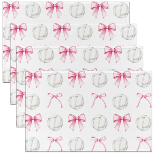 Pink Bowknot Kids Placemats Set of 4,Volleyball Ball Sport Games Table Place Mats,Bow Tie Geometric Patchwork Kitchen Decor,Pink and White Placemat Kitchen Table Decoration 12"x18" - color: Pink and White