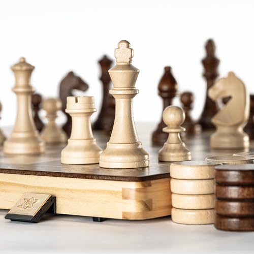A&A 15" Magnetic Wooden Chess Set/Folding Board / 3" King Height German Knight Staunton Chess Pieces/Mahogany & Maple Inlaid /2 Extra Queen