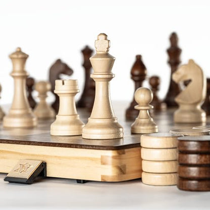 A&A 15" Magnetic Wooden Chess Set/Folding Board / 3" King Height German Knight Staunton Chess Pieces/Mahogany & Maple Inlaid /2 Extra Queen