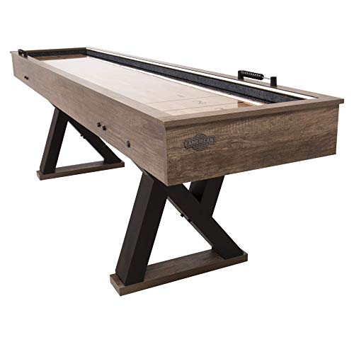 American Legend Kirkwood 9’ Shuffleboard Table with LED Rails, Bowling Game Set, Rustic Wood Finish & Accessories Included