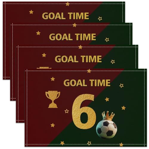 Soccer Kids Placemats Set of 4,Number 6 Football Competition Fans Table Place Mats,Ball Sport Games Lover Kitchen Decor,Red Green Golden Placemat Kitchen Table Decoration 12"x18" - color: Red Green Golden
