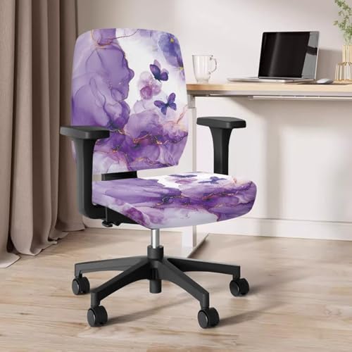 Butterfly Computer Chair Cover with Purple Marble Print Computer Chair Arm Rest Pads 2 Piece Desk Chair Covers Stretchable - color: Butterfly Purple Marble Print