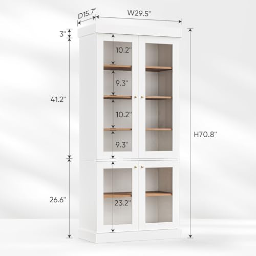 Vyre 70.8" Tall White Bookshelf with Glass Doors, Farmhouse Modular Bookcase with 6-Tier Adjustable Shelves, Large Storage Cabinet for Home Office, Living Room, Set of 2 - color: White
