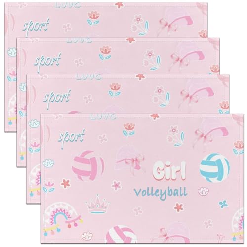 Volleyball Placemats Set of 4,Girl Ball Sport Gaming Table Mats,Pink Volleyball Rainbow Flower Placemat for Kitchen Dining Table Cartoon Sweet Style Dining Table Decor,18"x12" - color: Pink Volleyball