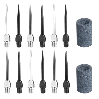 Cosmos 12 Pcs Steel Dart Tips with 2 Dart Sharpener, Dart Metal Tip Converter Points 2BA Thread Dart Replacement Tips Dart Sharpening Sand Stones Darts Needle Accessories - color: Black/Silver