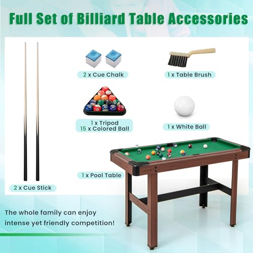 Goplus 48” Pool Table, Wooden Billiards Table w/ 2 Cue Sticks, 16 Balls, 2 Chalks, Triangle, Brush, Compact Pool Game Table for Kids Adults Family Game Room Bar Office - style: Upgrade Table 48’’, Green