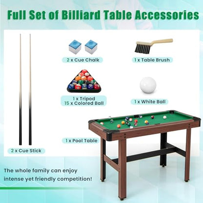 Goplus 48” Pool Table, Wooden Billiards Table w/ 2 Cue Sticks, 16 Balls, 2 Chalks, Triangle, Brush, Compact Pool Game Table for Kids Adults Family Game Room Bar Office - style: Upgrade Table 48’’, Green