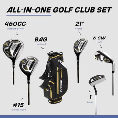 Precise M8 Men's 17-Piece Golf Set – Kevlar Graphite Shafts | Driver, Woods, Hybrids, Irons (6-SW), Putter, Stand Bag, 4 Headcovers & Rainhood