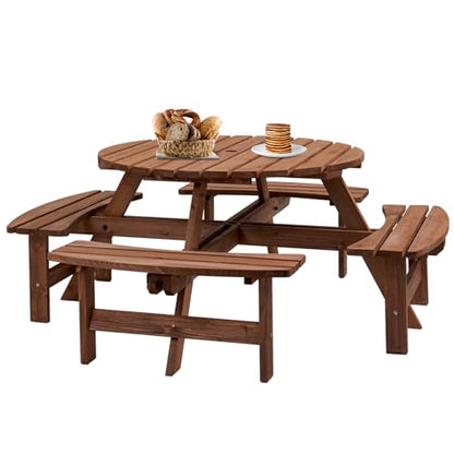 8-Person Round Wooden Picnic Table with Seat, Outdoor Camping Dining Table with 4 Built-in Benches, Brown - color: Brown, size: 8-Person Round