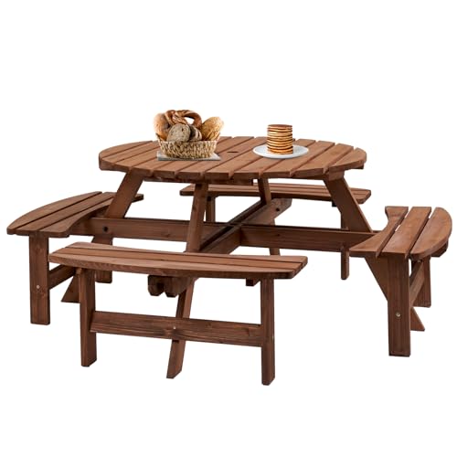 8-Person Round Wooden Picnic Table with Seat, Outdoor Camping Dining Table with 4 Built-in Benches, Brown - color: Brown, size: 8-Person Round