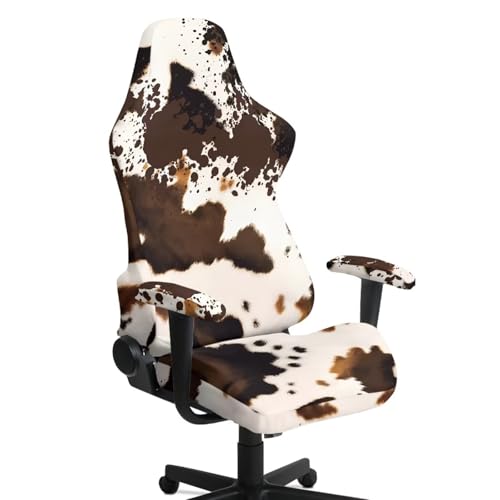Artistic Brown Cow Print Chair Slipcovers with Arms 2 Piece Stretchy Gaming Chair Cover Cat Scratch Proof Furniture Protector with Zipper Anti-Dust Desk Chair Seat Protector for Office Home - color: Artistic Brown Cow Print