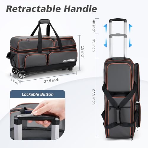 3 Ball Bowling Bags with Wheels, Bowling Bags 3 Ball Roller - 900D Oxford Waterproof PU, Bowling Bag with Multi-Separate Storage Pockets & Retractable Handle Extends to 40'' - color: Gray