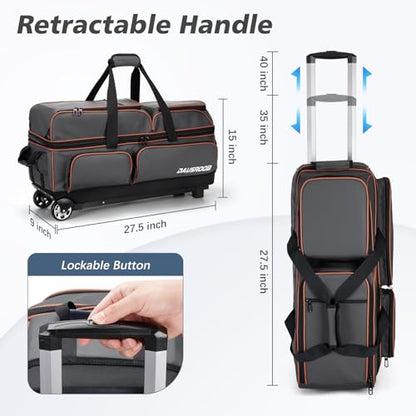 3 Ball Bowling Bags with Wheels, Bowling Bags 3 Ball Roller - 900D Oxford Waterproof PU, Bowling Bag with Multi-Separate Storage Pockets & Retractable Handle Extends to 40'' - color: Gray
