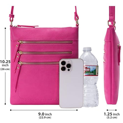 Solene Crossbody Bag Functional Multi Pocket Messenger Purse Top Zip Closure Shoulder Handbag With Adjustable Strap - color: Fuchsia