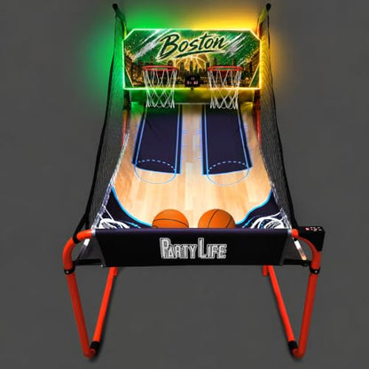 PartyLife 2-Player Basketball Arcade Game w/Optional LED Lights | Electronic Scoring | 5 Balls, 1 Pump, 8 Games | Folding Design | Heavy-Duty Steel Frame - Choose Your Model - color: BOSTON, style: w/ LED Lights