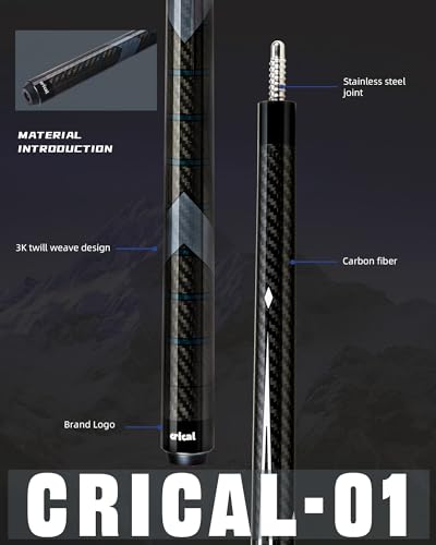 CRICAL Carbon Fiber Pool Cue Stick 58" Billiard Cue Sticks Professional Low Deflection Pool Sticks with 3/8 * 8 Pin Joint and 12.5mm Tip - color: 009-CL01