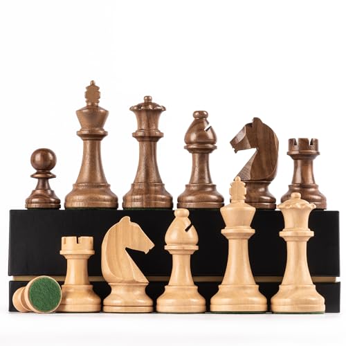 A&A Premium Triple Weighted Staunton Wooden Chess Pieces w/ 2 Extra Queen - King Height 3.75"/9.5cm / 2 Storage Bags - Natural Walnut Wood